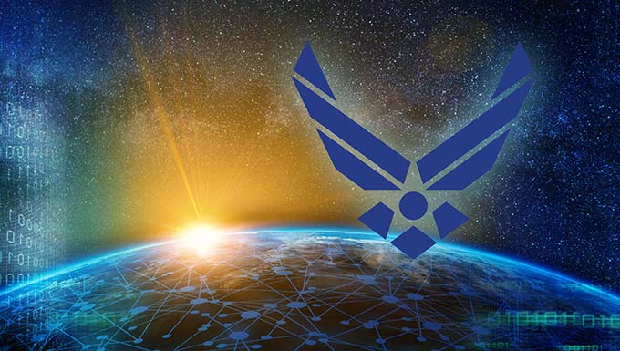 Artist concept showing the Air Force logo, space, and earth with a connected network wrapping the surface.