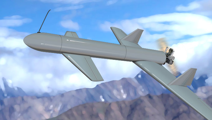 Artist rendering of an Iranian Houthi Qasef-1 drone flying over a distant landscape