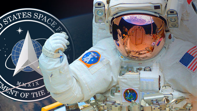 Artists image depicting an astronaut and the Space Force seal floating in space.
