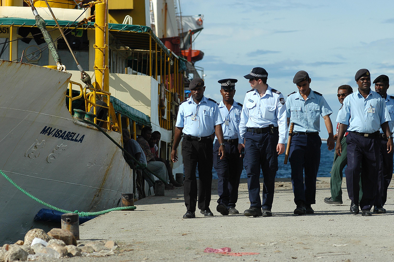 Regional Assistance Mission to Solomon Islands (RAMSI) and Royal Solomon Islands Police patrol Honiara waterfront. Solomon Islands, 2003. Following years of unrest in the Solomon Islands, a sizable international security contingent of more than 2,000 police and troops, led by Australia and New Zealand and with representatives from six other PICs arrived in summer 2003 to help restore security. RAMSI, as the force was known, ended its mission in 2017.