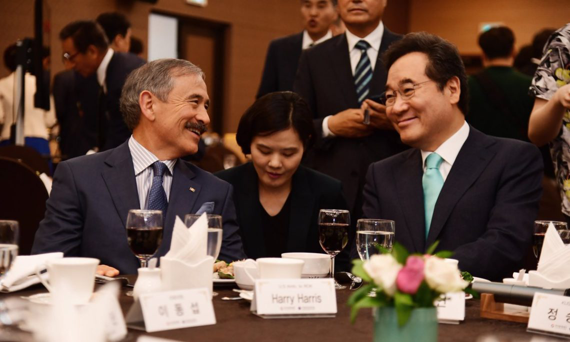 Ambassador Harry Harris meets with South Korean prime minister Lee Nak-yeon, a former Korean Augmentation To the United States Army (KATUSA) soldier, at the Fifth Korea–US Alliance Forum. The Korea–US Alliance Foundation and the Korea Defense Veterans Association cohosted the forum in July 2019.