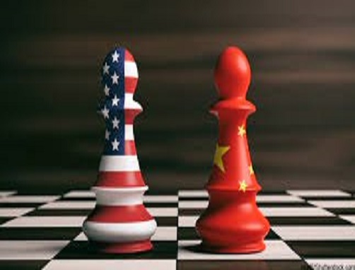 Graphic of two pawn chess pieces facing off on a chessboard: one is painted like the US flag and the other like the Chinese flag.