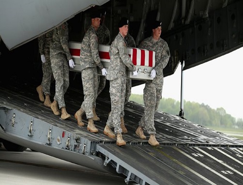 Photo depicts US Air Force Airmen carrying flag-draped casket from aircraft cargo hold.