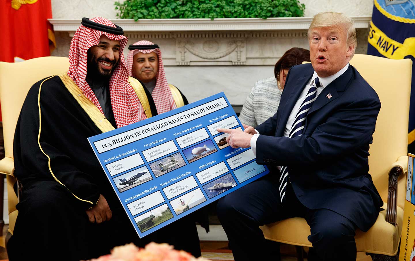 Trump holds a chart of weapon sales as he welcomes Saudia Arabia's Crown Prince Mohammed bin Salman in the Oval Office in 2018.