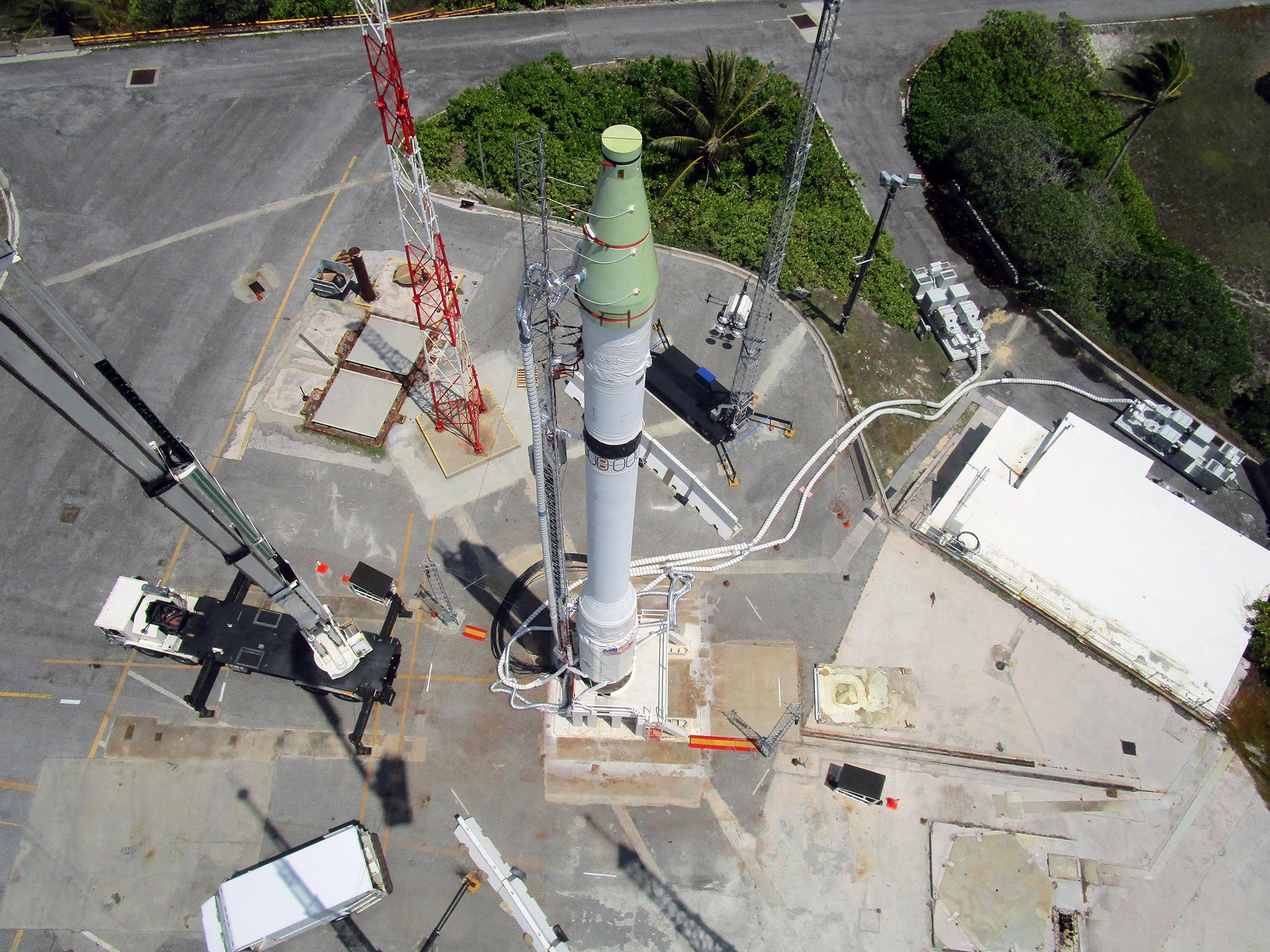 Aerial view of intercontinental ballistic missile-class live-test target before launch 30 May 2017 from the US Army’s Reagan test site on Kwajalein Atoll in the Marshall Islands.