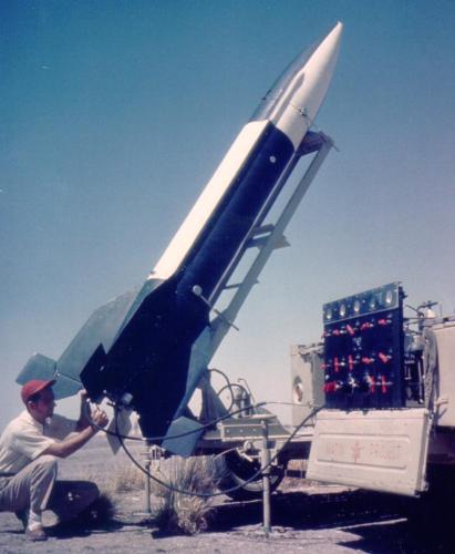 Rare color photo of a NATIV missile being prepared for launch from the Holloman AFB missile test range.